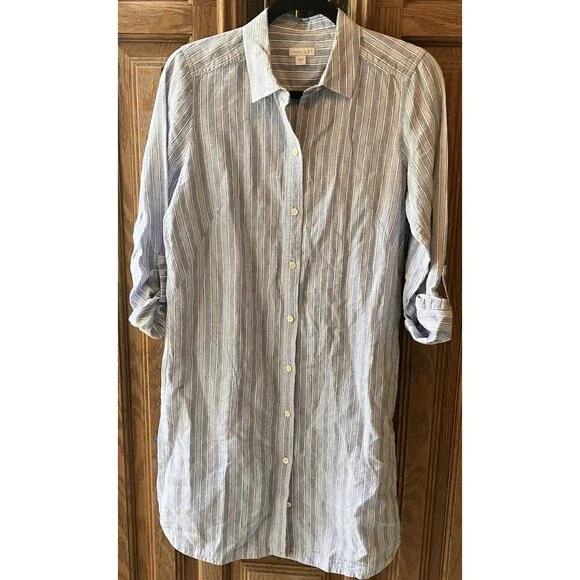 J Jill Love Linen Shirt Dress Women's Size Small Blue Striped Pockets EUC - Picture 1 of 8